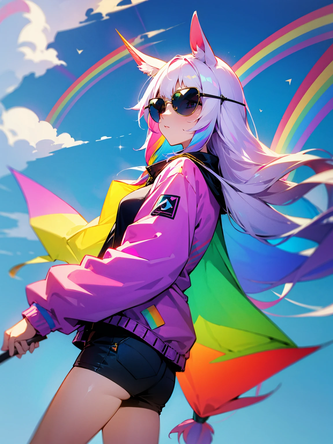 1female, long hair, straight hair, horse ears, unicorn horn, rainbow jacket, sunglasses, confident