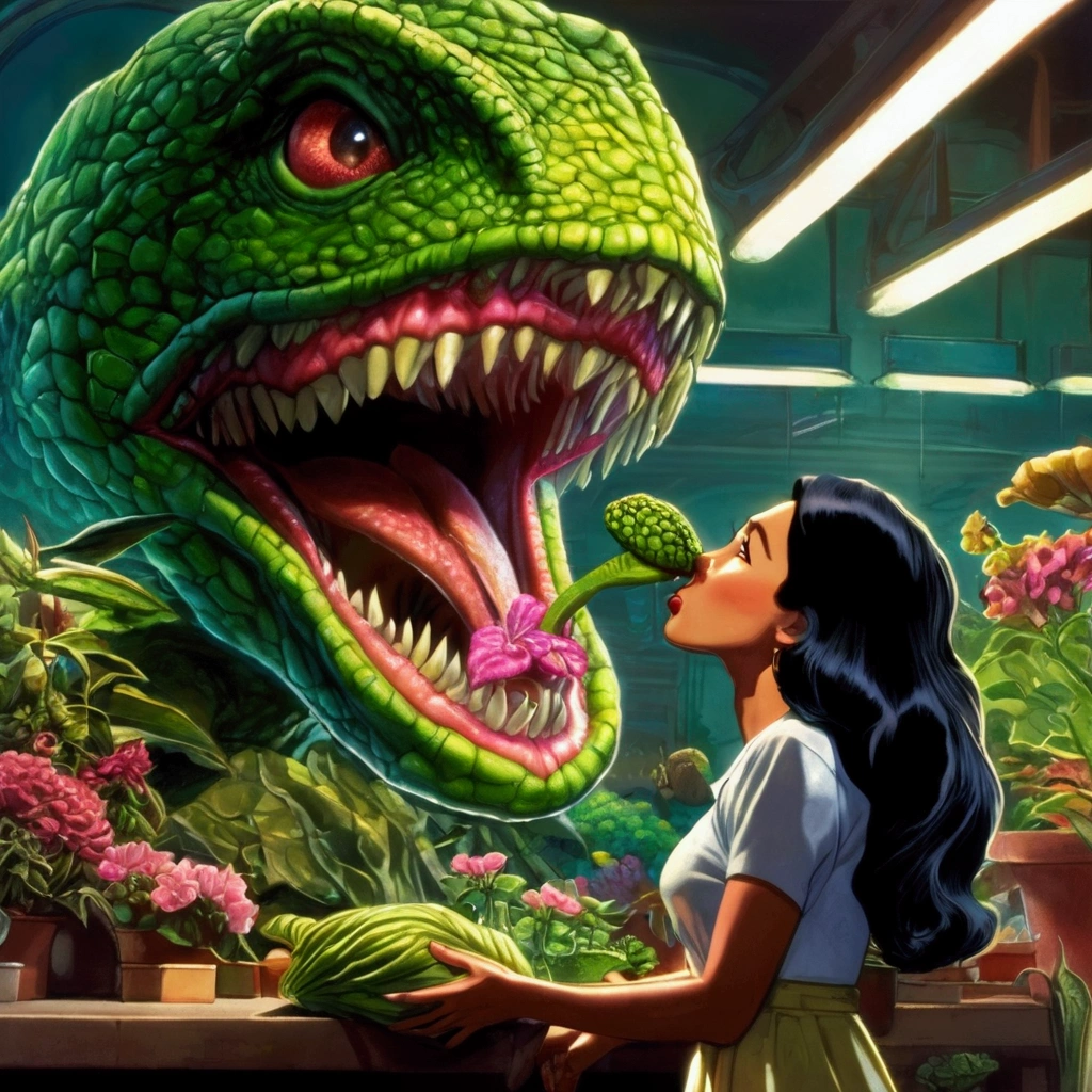 Little Shop of Horrors Audrey2 is a giant man eating plant. A sexy young malaysian woman in a hijab is looking into Audrey2's mouth, she is in a flower shop