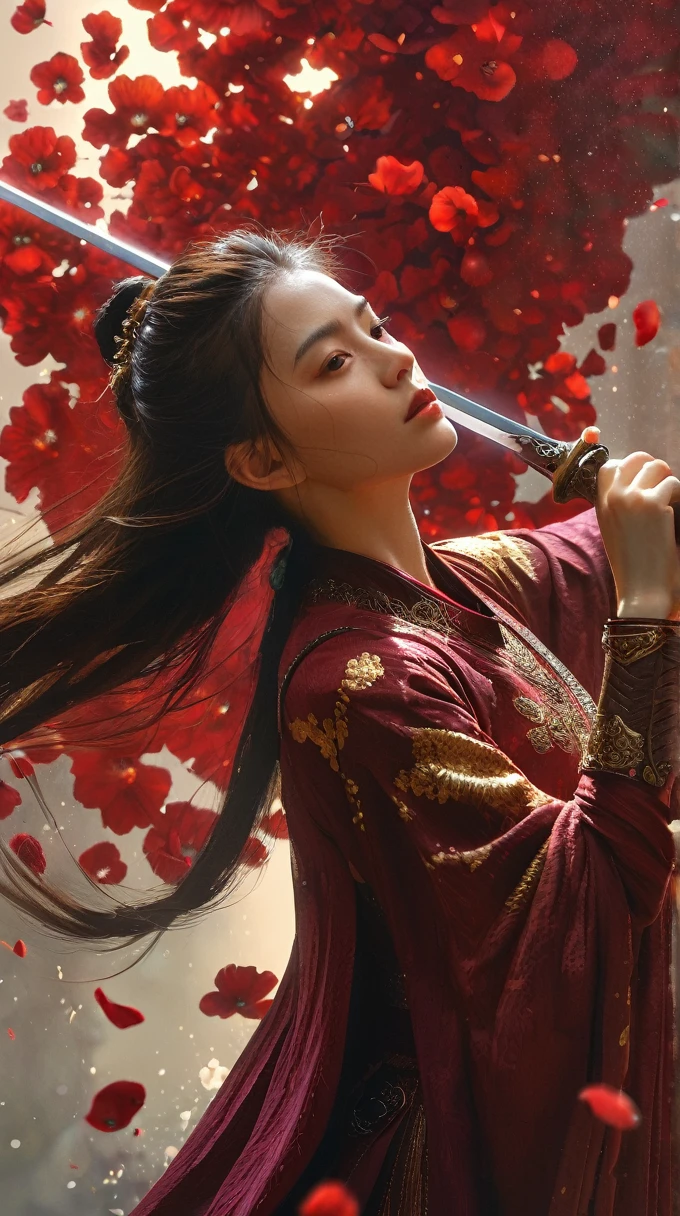 ultra high resolution,(((masterpiece))),(((best quality))),((super detailed)),((extremely delicate and beautiful)),cinematic light,detailed environment,(real),half body shot,(1girl, solo, female focus:1.3),(holding sword:1.2), perfect straight sword, (dark red and light gold:1.3),(hair pulled back, floating hair:1.1),designed by greg manchess,smoke,a model woman,bright eyes,glossy lips,plum petals floating surrounding her,trending on art station,photoreal,8 k,octane render by greg rutkowski,art by Carne Griffiths and Wadim Kashin,in the style of Dau-al-Set,Pollock,and inspired by MAPPA and Zdzislaw Beksinski,hanfu,