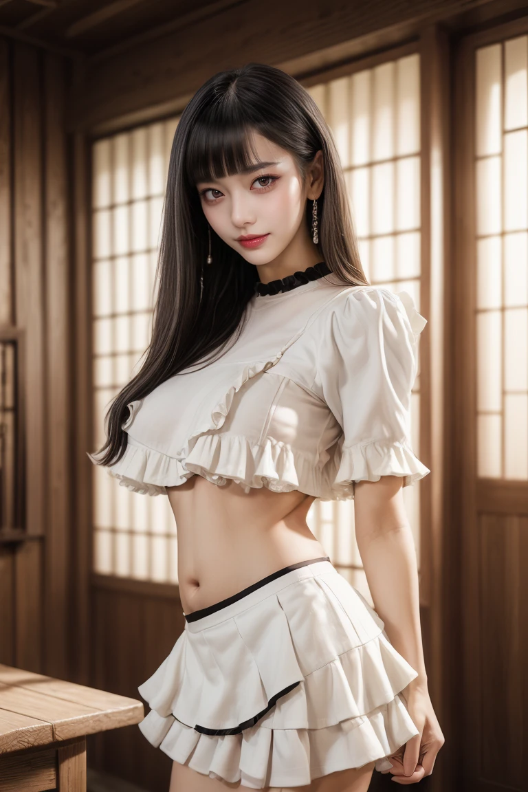 Have a look at this、Look forward、(belly button、Short sleeve t-shirt in tight white:1.8)、(Black ruffled miniskirt:1.8)、Ultra-high resolution、(((Blunt bangs, Princess Van))), (((Very heavy,Voluminous bangs:1.1))),(((very length, Very heavy,Very voluminous side locks:1.1))),, Princess Cut, Straight bangs hairstyle, Round face with Blunt bangs, length, Glossless hair、The bangs are cut straight,(masterpiece, Highest quality:1.5), (Ultra-fine 8K CG:1.4), (hyperRealistic:1.25), (PhotoRealistic:1.25), (Realistic:1.4), Cowboy Shot,(Smile 1.3), Beautiful Japanese Girl, 12 years old, Supermodel, Japanese Idols, (Grin), (Big Breasts:1.5), Sweat、(garden:1.2)、Accentuate your cleavage、Black Hair:1.2、(Full body image:1.5)、((Real person:1.5))、Perfect balance、(From below:1.5）