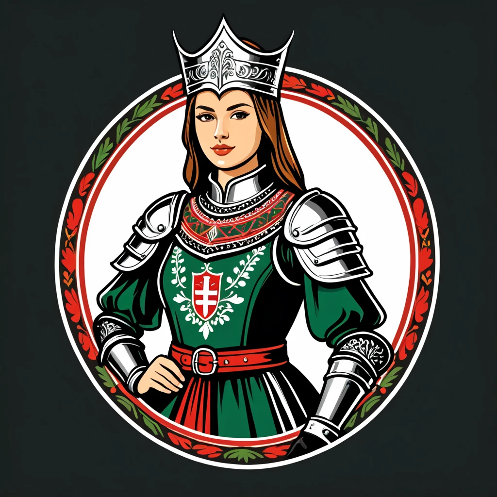 female knight in hungarian folk outfit, vector graphics, strong contours, logo design