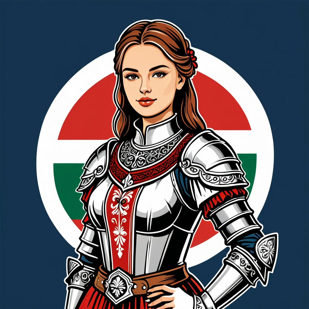 female knight in hungarian folk outfit, vector graphics, strong contours, logo design
