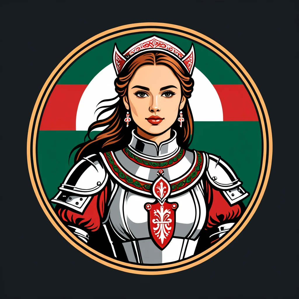female knight in hungarian folk outfit, vector graphics, strong contours, logo design