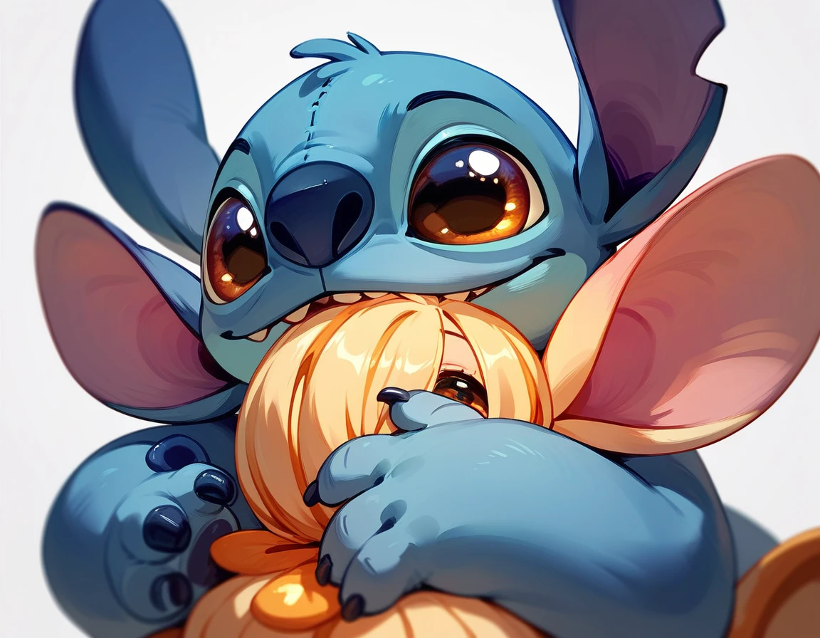 (score_9,score_8_up,score_7_up,score_6_up,score_5_up,score_4_up) Stitch hugging a giant eye in peanut butter art style