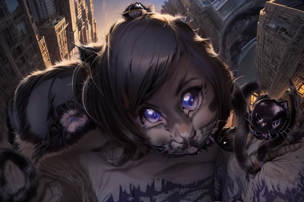 Detailed cat ears、Detailed whisker pad、Detailed vertically elongated pupil、long straight black hair、Baring his fangs_Wearing a black dress_(((Beautiful cat girl giantess:2.0)))、((aerial photograph))、Crawling on all fours across a skyscraper at night、Manhattan skyscrapers in the background、Mythical creatures、Real、Very detailed、8k、masterpiece、Dramatic lighting、Cinematic、grace、Felidae、Powerful、Strong gaze、Perfect Skin、Exquisite details、Dynamic pose、Atmospheric、Stunning colors、Chiaroscuro