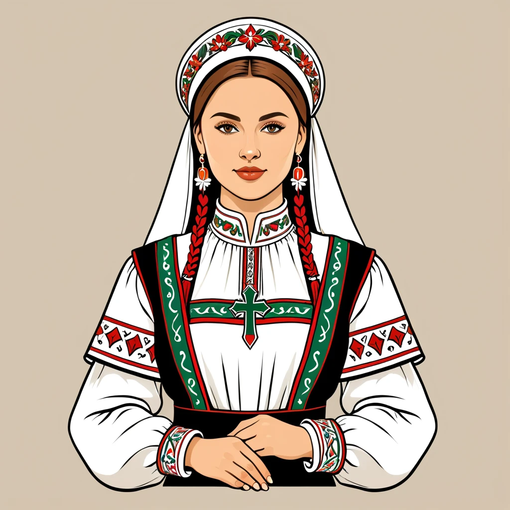 female cleric in hungarian folk outfit, vector graphics, strong contours, logo design