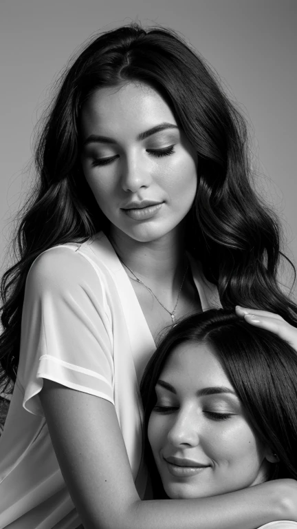 A stunning black and white photograph of two women, one with blonde hair and the other with dark hair, embracing each other in a warm and intimate moment. The blonde woman's eyes are closed, her head resting on the other woman's shoulder, while the dark-haired woman gazes lovingly at her.