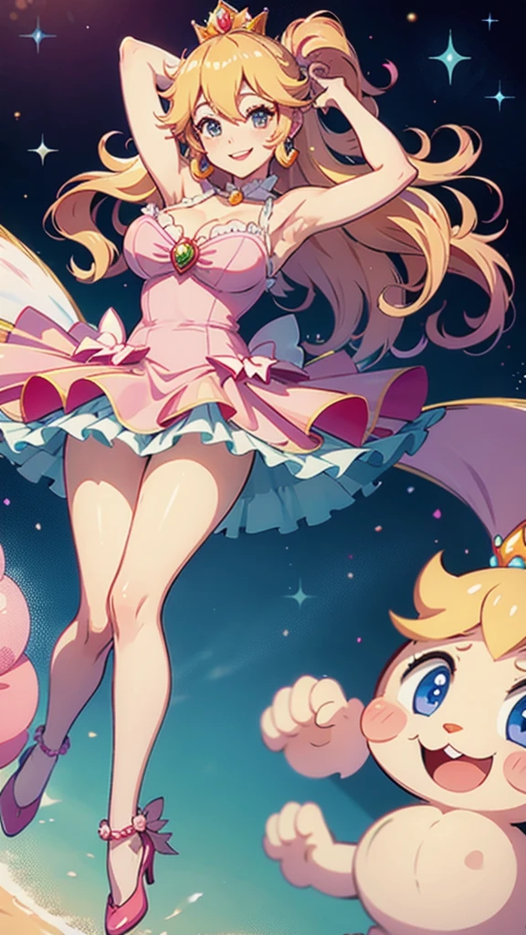 Princess peach,showing armpits and pussy half naked, smiling. Princess pink dress.
