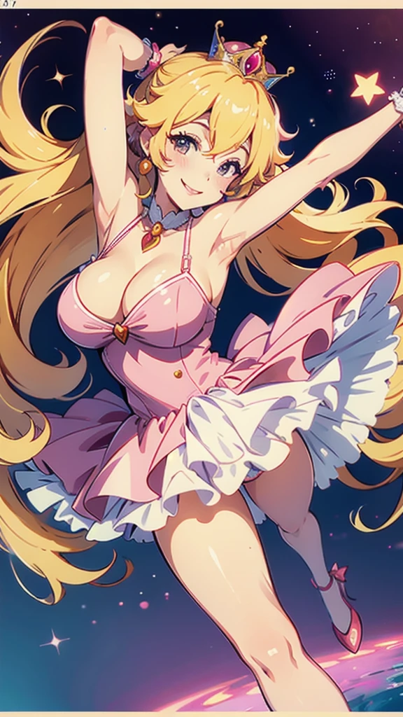 Princess peach,showing armpits and pussy half naked, smiling. Princess pink dress.