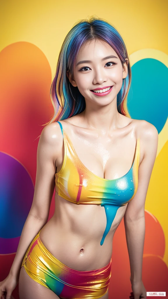 ((Best quality, 8K, Masterpiece:1.3, 1 girl, Beautiful girl)), highres, Cute, Dynamism, Detailed face, Detailed skin, Detailed eyes, Detailed lips, Photorealistic, Raw photo, Natural lighting, perfect anatomy, dynamic pose, toned legs, double eyelid, tear bags, round eyes, moist lips, (colorful body, colorful liquid on the body:1.2), colorful hair, rainbow hair, colorful background, japanese girl, looking at viewer, bare shoulders, cowboy shot, sweaty, smile, liquid art, cum on breasts, peeing, toned abdomen, open mouth, half closed eyes, shape of nipple, sideboob, slave, grin
