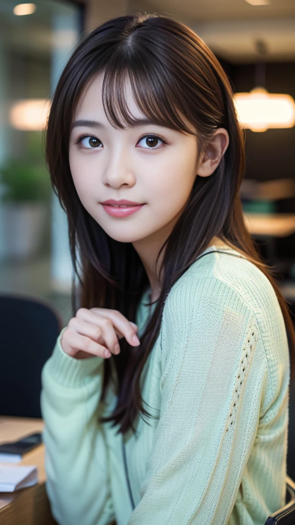 (8k, RAW Photos, Highest quality, masterpiece:1.3), (Realistic, photo-Realistic:1.4), (非常に詳細な8k壁紙), Sharp focus, Written boundary depth,
Japanese Idols,very cute,(Baby Face),sweater, Look at us and laugh, Upper Body, Highly detailed face and eyes,((Glowing Skin:1.2)), Cinema Lighting, Soft Light, Blur the background, Bokeh,(office, Modern, stylish, Glass Wall, Open space:1.2)