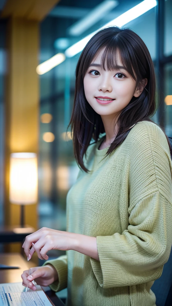 (8k, RAW Photos, Highest quality, masterpiece:1.3), (Realistic, photo-Realistic:1.4), (非常に詳細な8k壁紙), Sharp focus, Written boundary depth,
Japanese Idols,very cute,(Baby Face),sweater, Look at us and laugh, Upper Body, Highly detailed face and eyes,((Glowing Skin:1.2)), Cinema Lighting, Soft Light, Blur the background, Bokeh,(office, Modern, stylish, Glass Wall, Open space:1.2)