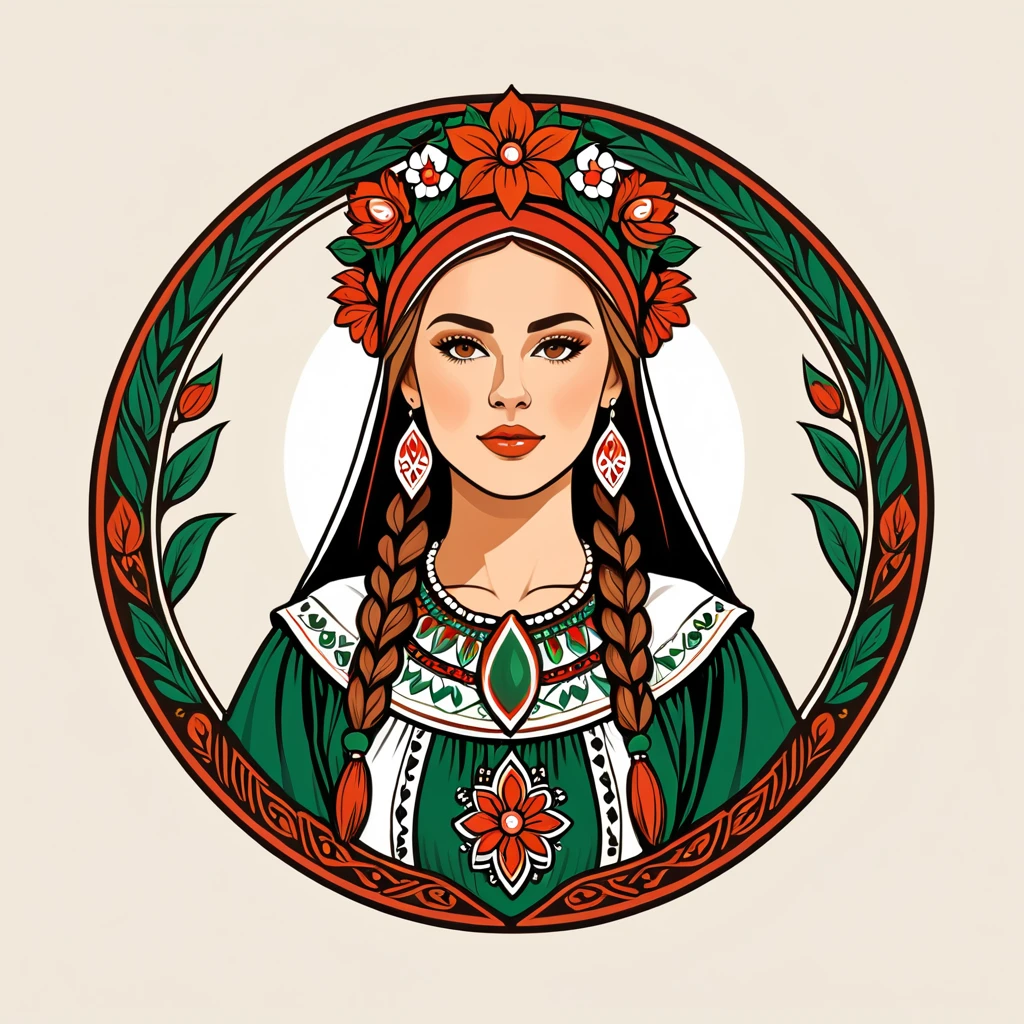 female druid in hungarian folk outfit, vector graphics, strong contours, logo design