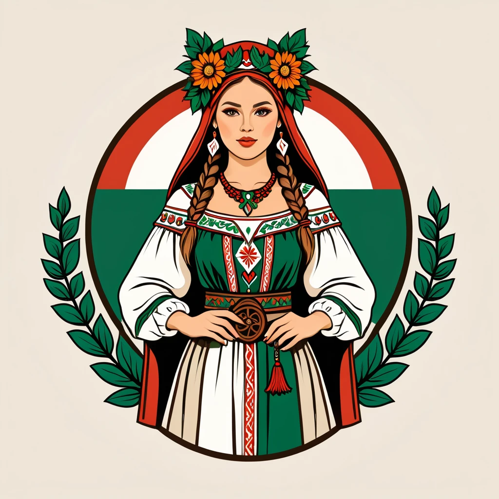 female druid in hungarian folk outfit, vector graphics, strong contours, logo design