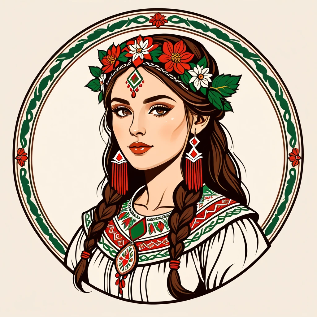 female druid in hungarian folk outfit, vector graphics, strong contours, logo design