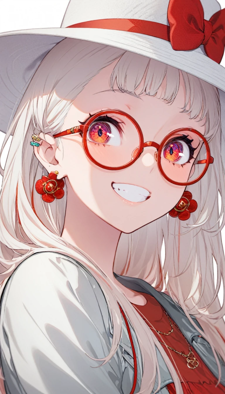 One girl, alone, Long Hair, View your viewers, smile, bangs, ((青色のJacket)), Red pastel skirt、Red eyes,White hair in the eye、Beautiful eyes that shine、White boater hat with red ribbon、White Jewelry, Sitting, Jacket, Upper Body, Silver Hair、 earrings, Glasses, teeth, Grin, open Jacket, Earrings, sunGlasses, ring, ear Earrings,色付きGlasses, White Background、White background,Umaibo、Candy