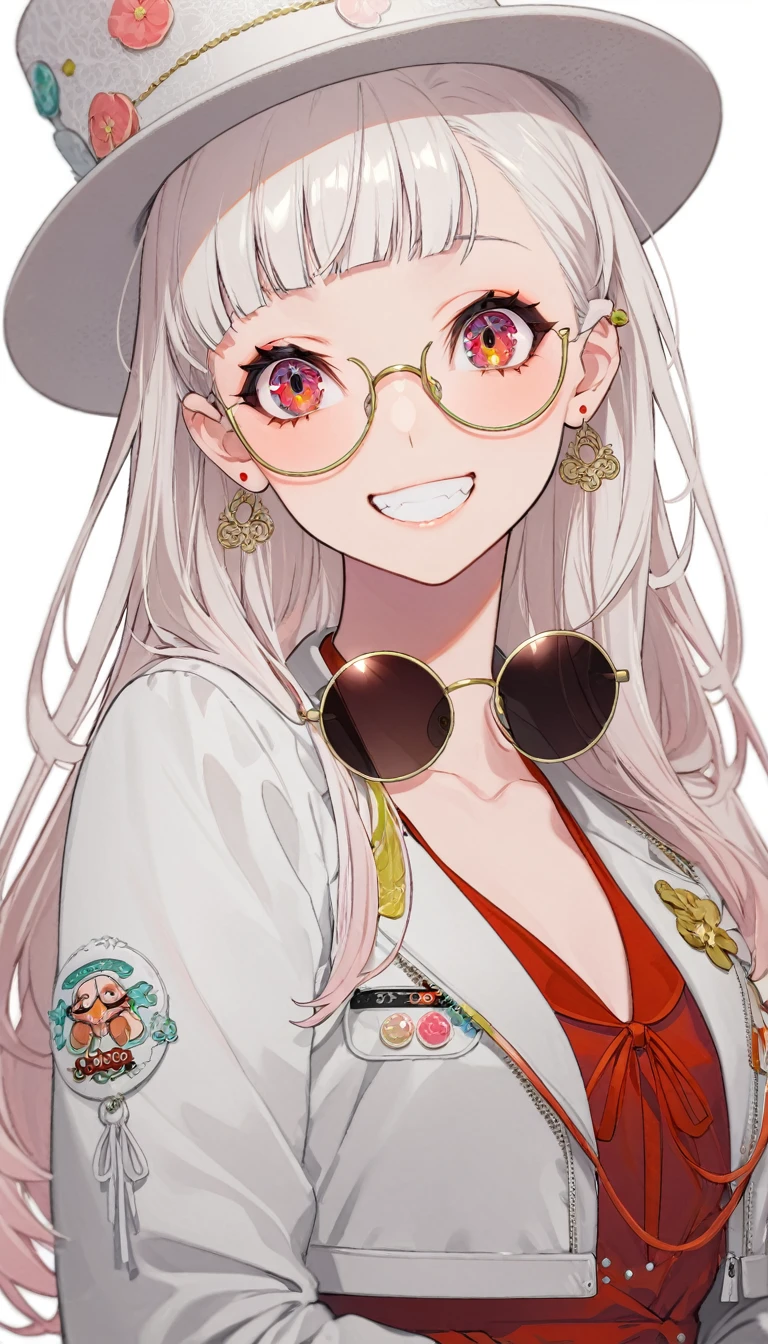 One girl, alone, Long Hair, View your viewers, smile, bangs, ((青色のJacket)), Red pastel skirt、Red eyes,White hair in the eye、Beautiful eyes that shine、White boater hat with red ribbon、White Jewelry, Sitting, Jacket, Upper Body, Silver Hair、 earrings, Glasses, teeth, Grin, open Jacket, Earrings, sunGlasses, ring, ear Earrings,色付きGlasses, White Background、White background,Umaibo、Candy