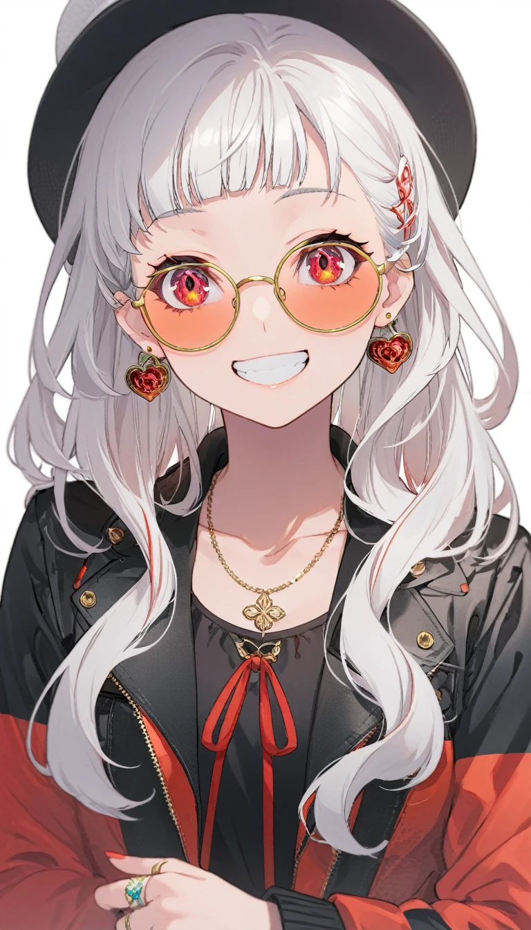 One girl, alone, Long Hair, View your viewers, smile, bangs, ((青色のJacket)), Red pastel skirt、Red eyes,White hair in the eye、Beautiful eyes that shine、White boater hat with red ribbon、White Jewelry, Sitting, Jacket, Upper Body, Silver Hair、 earrings, Glasses, teeth, Grin, open Jacket, Earrings, sunGlasses, ring, ear Earrings,色付きGlasses, White Background、White background,Umaibo、Candy