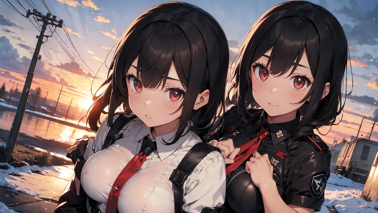  Gestapo uniform, female lesbian kawaii sisters kissing passionately with T-54 military tank. wearing  Luftwaffe uniforms. 8k. masterpiece. best quality. best artwork. lingerie. Swastika insignia red armband. bare breasts. sunset. snow
