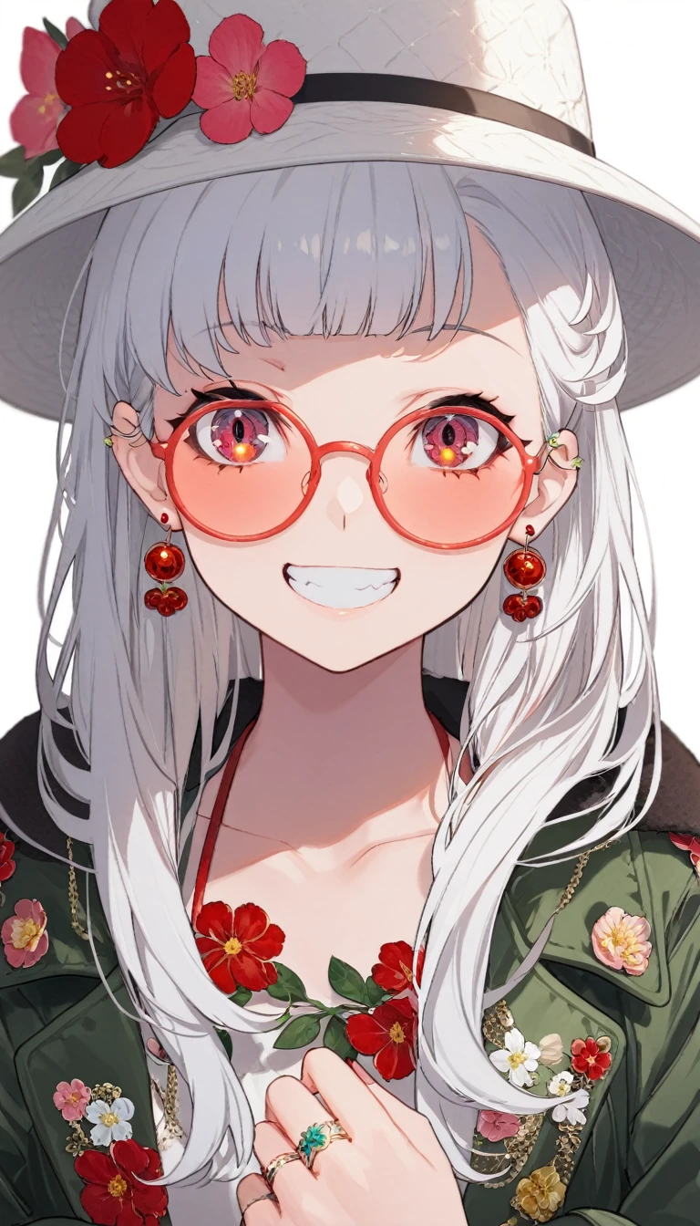 One girl, alone, Long Hair, View your viewers, smile, bangs, ((青色のJacket)), Red pastel skirt、Red eyes,White hair in the eye、Beautiful eyes that shine、White boater hat with red ribbon、White Jewelry, Sitting, Jacket, Upper Body, Silver Hair、 earrings, Glasses, teeth, Grin, open Jacket, Earrings, sunGlasses, ring, ear Earrings,色付きGlasses, White Background、White background,Umaibo、Candy