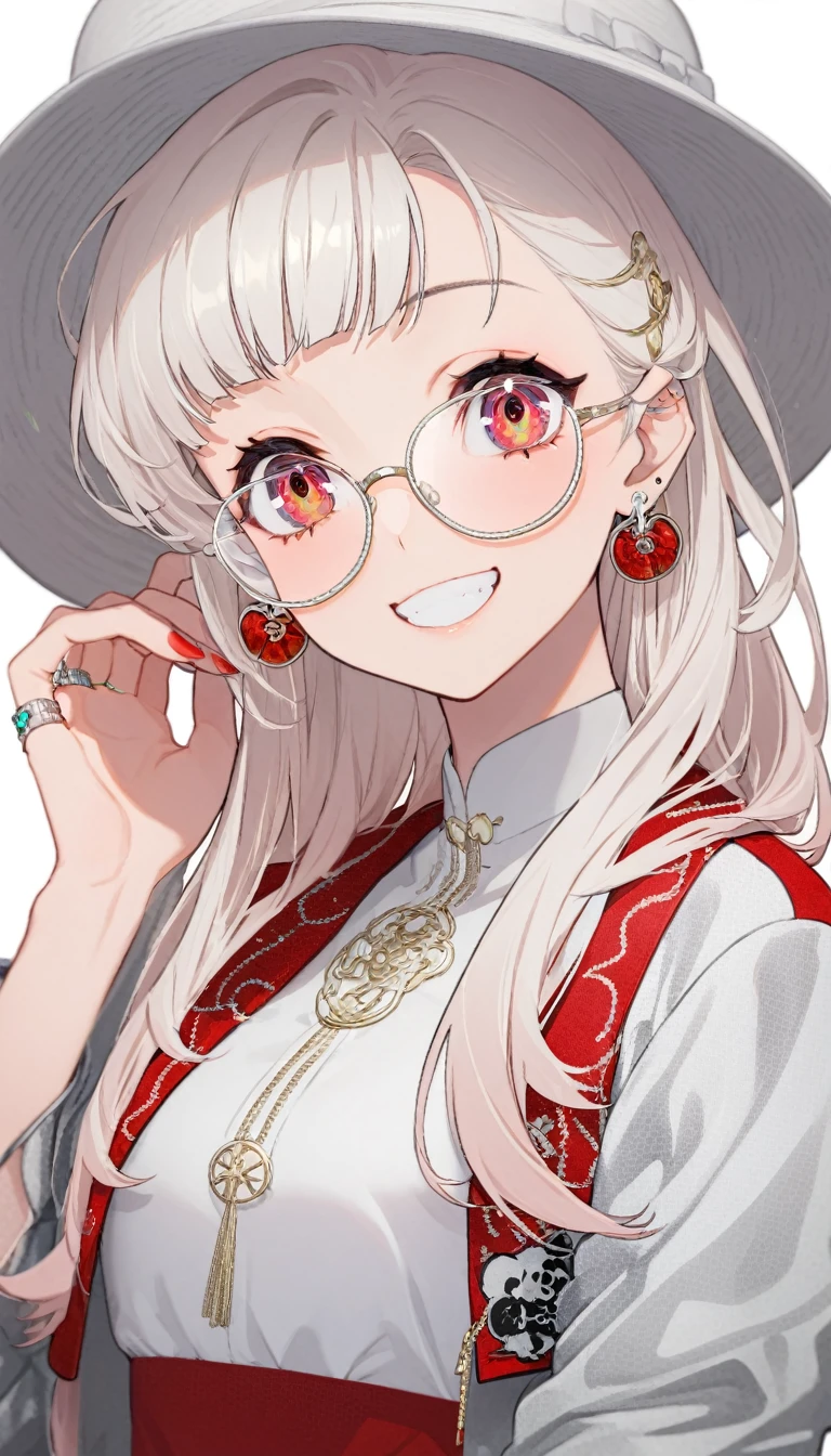 One girl, alone, Long Hair, View your viewers, smile, bangs, ((青色のJacket)), Red pastel skirt、Red eyes,White hair in the eye、Beautiful eyes that shine、White boater hat with red ribbon、White Jewelry, Sitting, Jacket, Upper Body, Silver Hair、 earrings, Glasses, teeth, Grin, open Jacket, Earrings, sunGlasses, ring, ear Earrings,色付きGlasses, White Background、White background,Umaibo、Candy