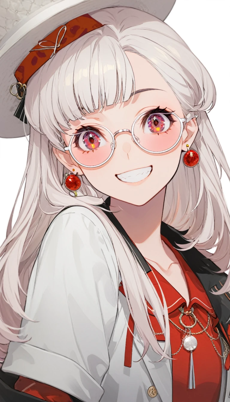 One girl, alone, Long Hair, View your viewers, smile, bangs, ((青色のJacket)), Red pastel skirt、Red eyes,White hair in the eye、Beautiful eyes that shine、White boater hat with red ribbon、White Jewelry, Sitting, Jacket, Upper Body, Silver Hair、 earrings, Glasses, teeth, Grin, open Jacket, Earrings, sunGlasses, ring, ear Earrings,色付きGlasses, White Background、White background,Umaibo、Candy