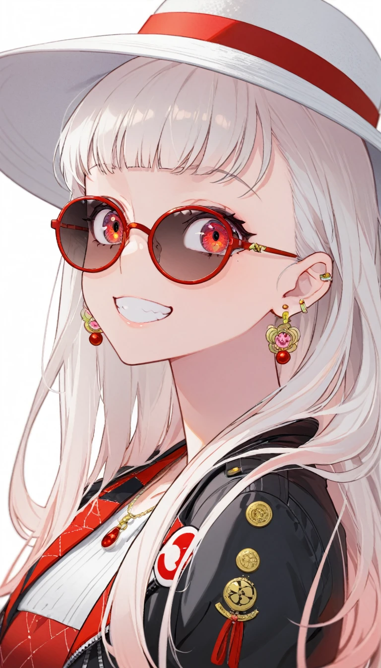 One girl, alone, Long Hair, View your viewers, smile, bangs, ((青色のJacket)), Red pastel skirt、Red eyes,White hair in the eye、Beautiful eyes that shine、White boater hat with red ribbon、White Jewelry, Sitting, Jacket, Upper Body, Silver Hair、 earrings, Glasses, teeth, Grin, open Jacket, Earrings, sunGlasses, ring, ear Earrings,色付きGlasses, White Background、White background,Umaibo、Candy
