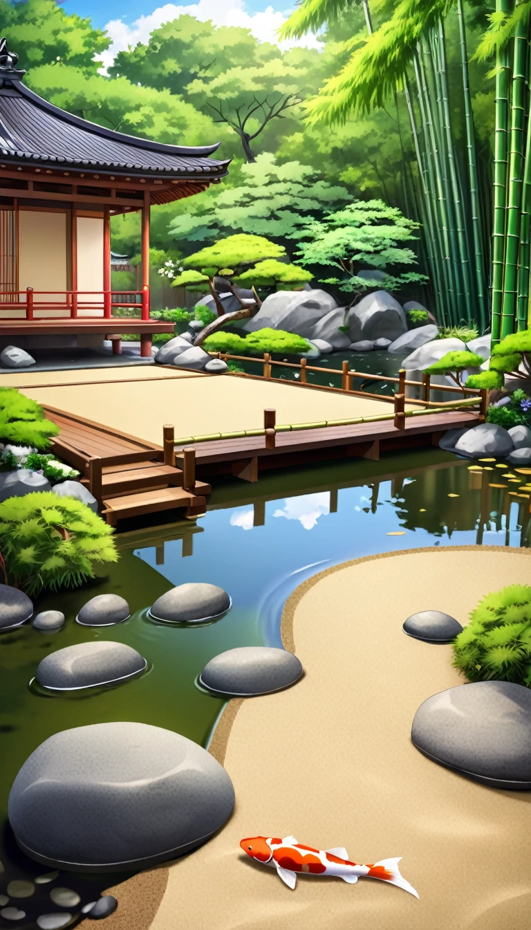 A tranquil Zen garden with carefully raked sand, smooth stones, and a small wooden bridge over a koi pond. The background features bamboo trees and a peaceful pavilion.