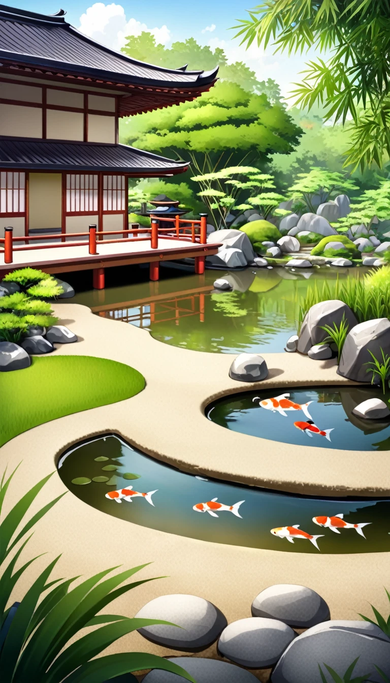 A tranquil Zen garden with carefully raked sand, smooth stones, and a small wooden bridge over a koi pond. The background features bamboo trees and a peaceful pavilion.