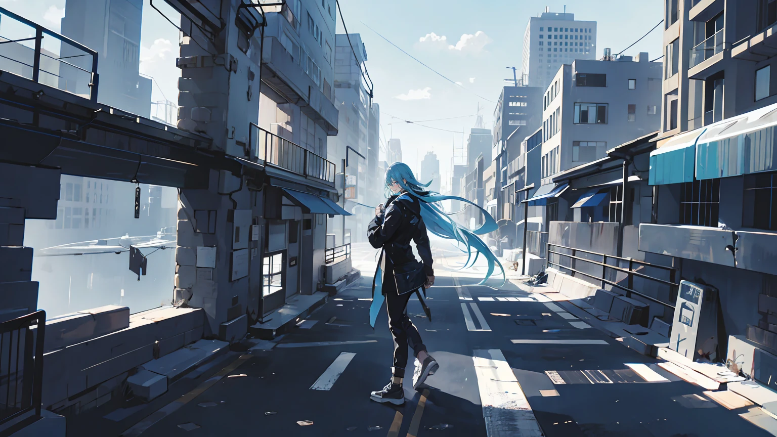 empty chaotic city, beautiful design, blue and gray sky, cloudy sky