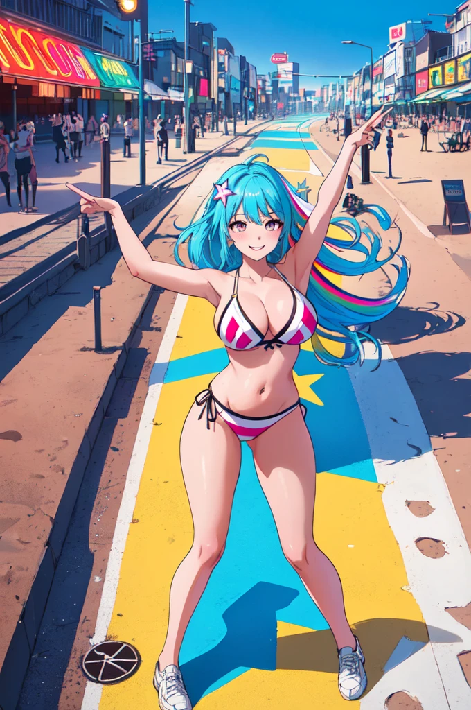 (Highest quality, masterpiece, RAW Photos,Very detailed:1.2), One girl,alone,View your viewers,smile,Many colors, Neon Light, city, rainbow, sharp, dream, , Large Breasts, star, Beach, Dynamic pose, From above, Spread your arms, Pop Art,