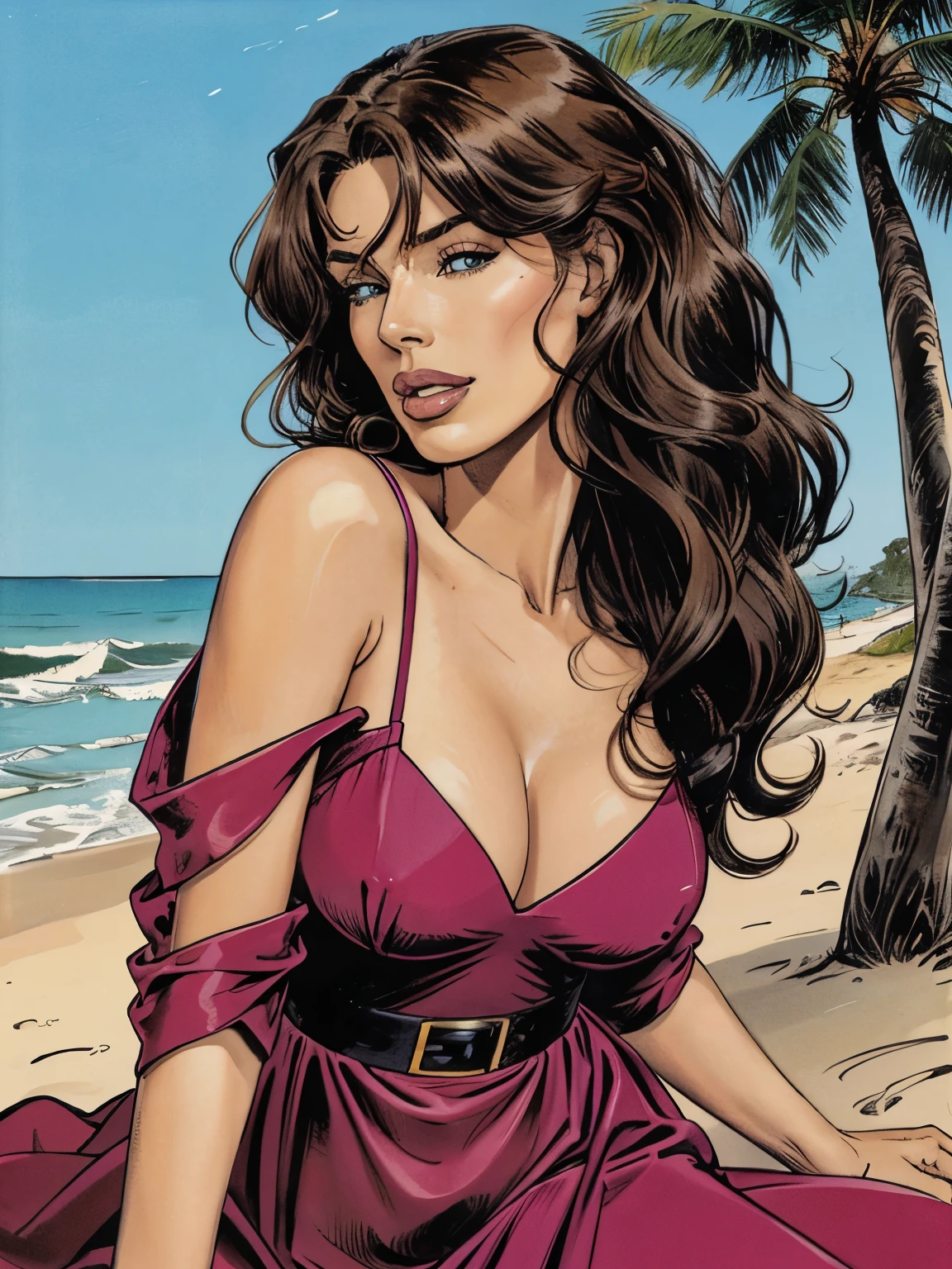 Kelly Lebrock, She has an oval face with expressive features. She has high cheekbones, which gives her face contour and structure. Her eyes are large and expressive, often described as green. They can give her a mystical and attractive look. Kelly was famous for her long, dark hair with soft waves that were often loose or slightly curled. In the 80s, her hairstyle was in vogue - lush and voluminous. Kelly had a slender and expressive figure. In her youth she was known as “flat figure”, which means a proportional body with a pronounced waist and hips. Her 80s outfits often featured bright colors, thick fabrics and original silhouettes. She could look both in elegant evening gowns and more casual but stylish clothes.