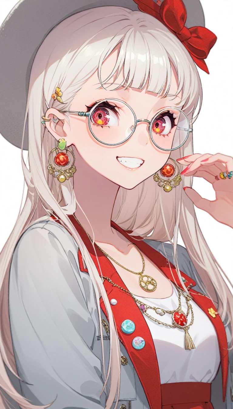 One girl, alone, Long Hair, View your viewers, smile, bangs, 青色のJacket、 Red pastel skirt、Red eyes,White hair in the eye、Beautiful eyes that shine、White boater hat with red ribbon、White Jewelry, Sitting, Jacket, Upper Body, Silver Hair、 earrings, Glasses, teeth, Grin, open Jacket, Earrings, sunGlasses, ring, ear Earrings,色付きGlasses, White Background、White background,Umaibo、Candy