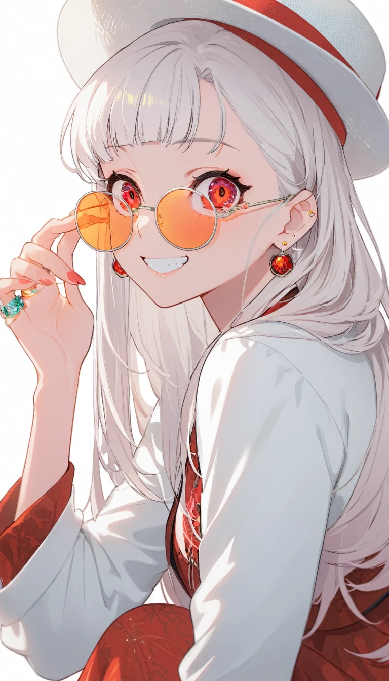 One girl, alone, Long Hair, View your viewers, smile, bangs, 青色のJacket、 Red pastel skirt、Red eyes,White hair in the eye、Beautiful eyes that shine、White boater hat with red ribbon、White Jewelry, Sitting, Jacket, Upper Body, Silver Hair、 earrings, Glasses, teeth, Grin, open Jacket, Earrings, sunGlasses, ring, ear Earrings,色付きGlasses, White Background、White background,Umaibo、Candy