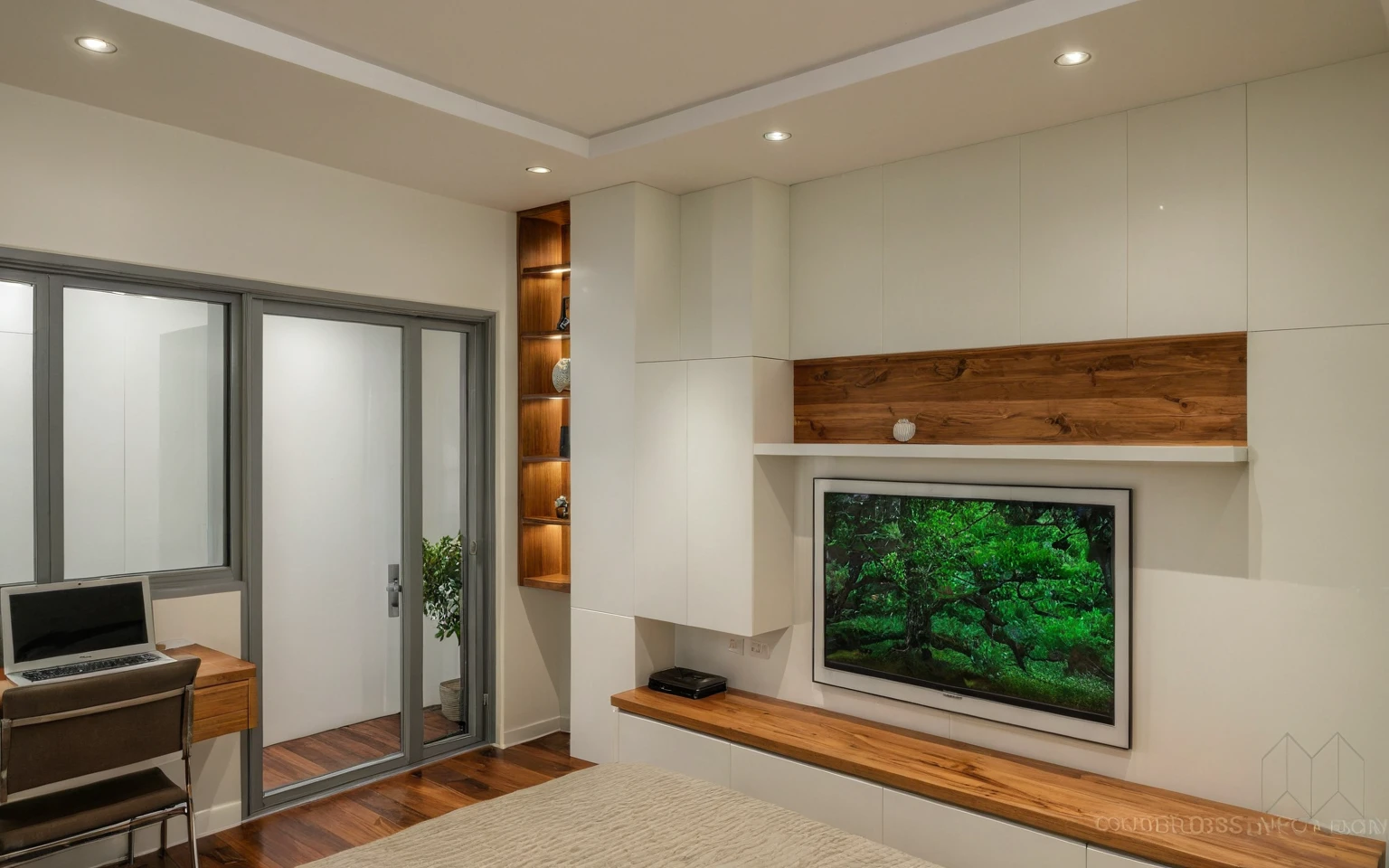 Raw photo, Masterpiece, high quality, best quality, authentic, super detail, architecture, house, outdoors, style modern, minimalist line, wooden, white paint wall, japan style, wasabi style, Jen style, steel stair, glass railing, paint wall decor, tree, street