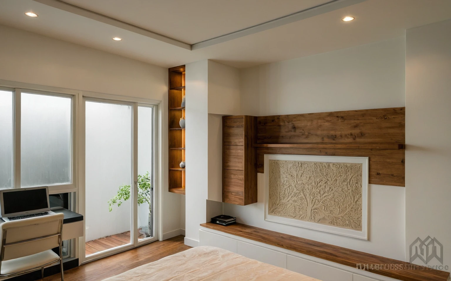 Raw photo, Masterpiece, high quality, best quality, authentic, super detail, architecture, house, outdoors, style modern, minimalist line, wooden, white paint wall, japan style, wasabi style, Jen style, steel stair, glass railing, paint wall decor, tree, street