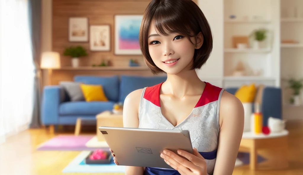 masterpiece, realistic, photorealistic, best quality, beautiful detailed, natural lighting, sharp focus, depth of field, slim body, abs:1.2, cleavage, best quality real texture skin, Detailed beautiful delicate face and eyes, beautiful Japanese young woman, eyes open, looking at viewer, best quality real texture skin, Detailed beautiful delicate face and eyes, double eyelid, smile:1.2, white teeth:1.2, very short straight brown hair,