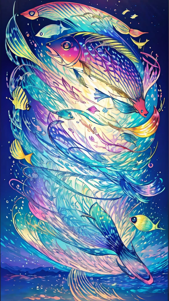 Fish swimming in the rainbow sea,colorful,Beautiful fish,Various kinds of fish、wonderful景色,Utopia,An atmosphere full of dreams and hope,masterpiece.16K, Ultra-high resolution, Ultra-high resolution, to be born,wonderful ,future、Iridescent、The world 30 years from now。