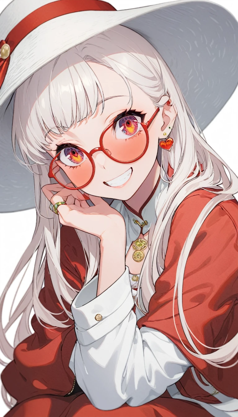 One girl, alone, Long Hair, View your viewers, smile, bangs, 青色のJacket、 Red pastel skirt、Red eyes,White hair in the eye、Beautiful eyes that shine、White boater hat with red ribbon、White Jewelry, Sitting, Jacket, Upper Body, Silver Hair、 earrings, Glasses, teeth, Grin, open Jacket, Earrings, sunGlasses, ring, ear Earrings,色付きGlasses, White Background、White background,Umaibo、Candy
