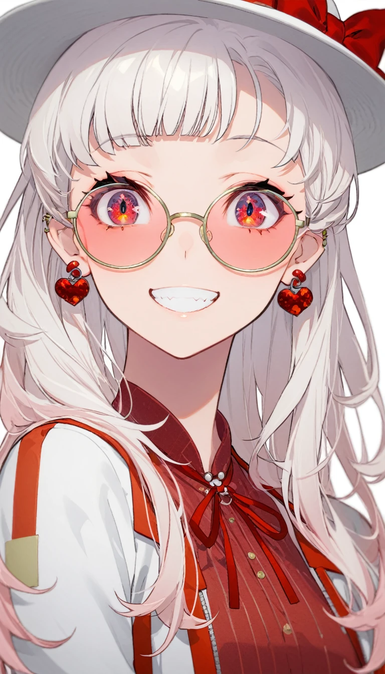 One girl, alone, Long Hair, View your viewers, smile, bangs, 青色のJacket、 Red pastel skirt、Red eyes,White hair in the eye、Beautiful eyes that shine、White boater hat with red ribbon、White Jewelry, Sitting, Jacket, Upper Body, Silver Hair、 earrings, Glasses, teeth, Grin, open Jacket, Earrings, sunGlasses, ring, ear Earrings,色付きGlasses, White Background、White background,Umaibo、Candy