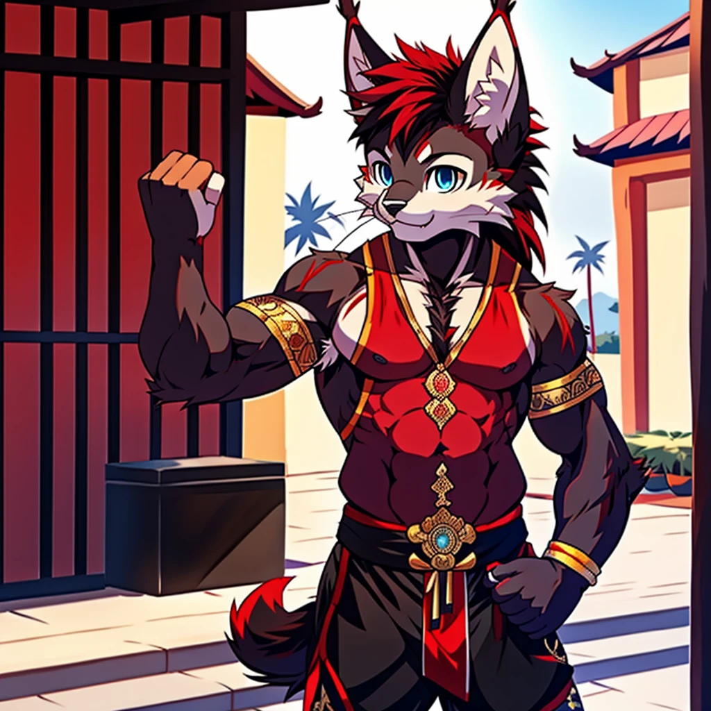 Best quality, Young, 15 year old, Furry, Solo, Male black lynx cat: 1.5, (black fur), (black fur), black fur, blue eyes, red chest hair, black long hair, black mane, red hair, red armpit hair, red whiskers, Humanoid hands, Muscular body, Abs, Wearing Red Muay Thai Style Clothes, Topless, Standing in the street of Thailand, Red Mohawk hair, Detailed black fur, Detailed cloths, Thailand.