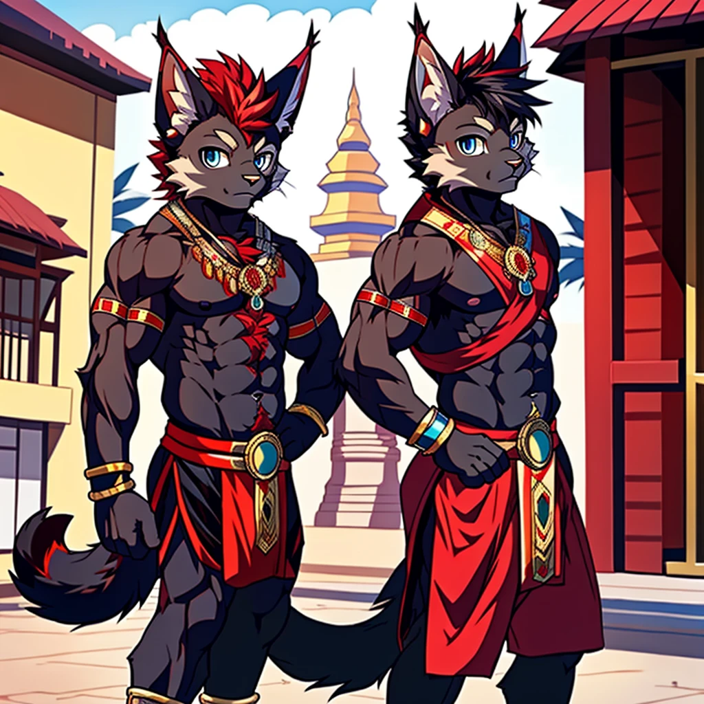 Best quality, Young, , Furry, Solo, Male black lynx cat: 1.5, (black fur), (black fur), black fur, blue eyes, red chest hair, black long hair, black mane, red hair, red armpit hair, red whiskers, Humanoid hands, Muscular body, Abs, Wearing Red Muay Thai Style Clothes, Topless, Standing in the street of Thailand, Red Mohawk hair, Detailed black fur, Detailed cloths, Thailand.