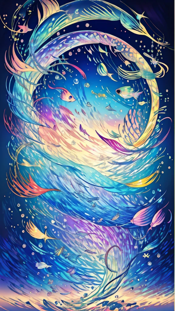 Fish swimming in the rainbow sea,colorful,Beautiful fish,Various kinds of fish、wonderful景色,Utopia,An atmosphere full of dreams and hope,masterpiece.16K, Ultra-high resolution, Ultra-high resolution, to be born,wonderful ,future、Iridescent、The world 30 years from now。