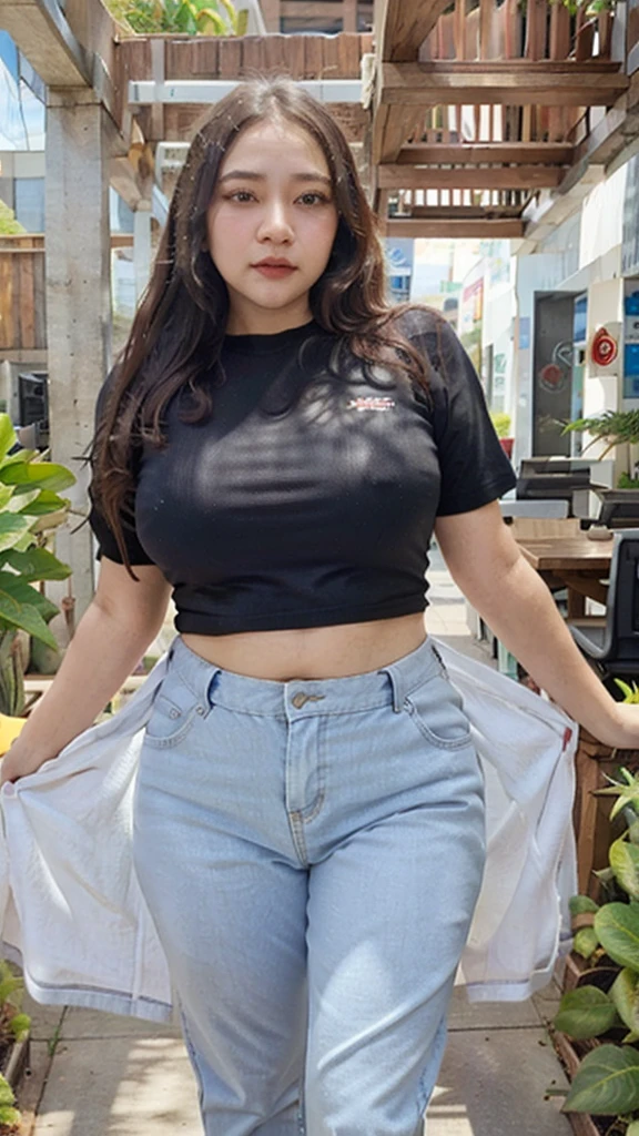 (masterpiece, best quality:1.2), 1girl, solo, long hair black, chubby body, cuvy body, full body wearing long t-sirt, long pants,
