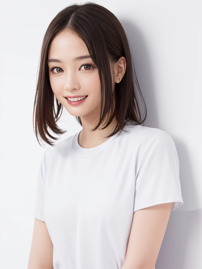 (Highest quality、8k、32K、masterpiece)、(Realistic)、(Photorealistic:1.2)、(High resolution)、Very detailed、Very beautiful face and eyes、1 girl、Round and small face、Narrow waist、Delicate body、(close、Highest quality、Attention to detail、Rich skin detail)、(Highest quality、8k、Oil paints:1.2)、Very detailed、(Realistic、Realistic:1.37)、Bright colors、(((Cowboy Shot)))、(((Brown Hair)))、(((Brown Hair)))、(((Medium Hair)))、(((Pure white wall background)))、(((Pure white wall background)))、(((Wearing black clothing)))、(((She has a happy expression)))、(((Laughter)))、(((Wearing a black T-shirt)))、(((Look straight ahead)))、(((Galaxy-themed shirt)))、(((Cross your arms)))、(((Frame In)))