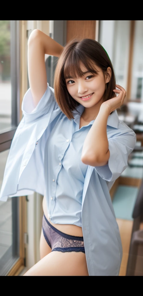 （Wearing a dress shirt and business jacket:1.8）,look at the camera with a smile、（Wearing panties）、woman, 20-year-old, Short Hair,Please expose my panties...、(Lace panties)、(Tilt your head a little)、Detailed skin、Detailed skin、Detailed Sweat
