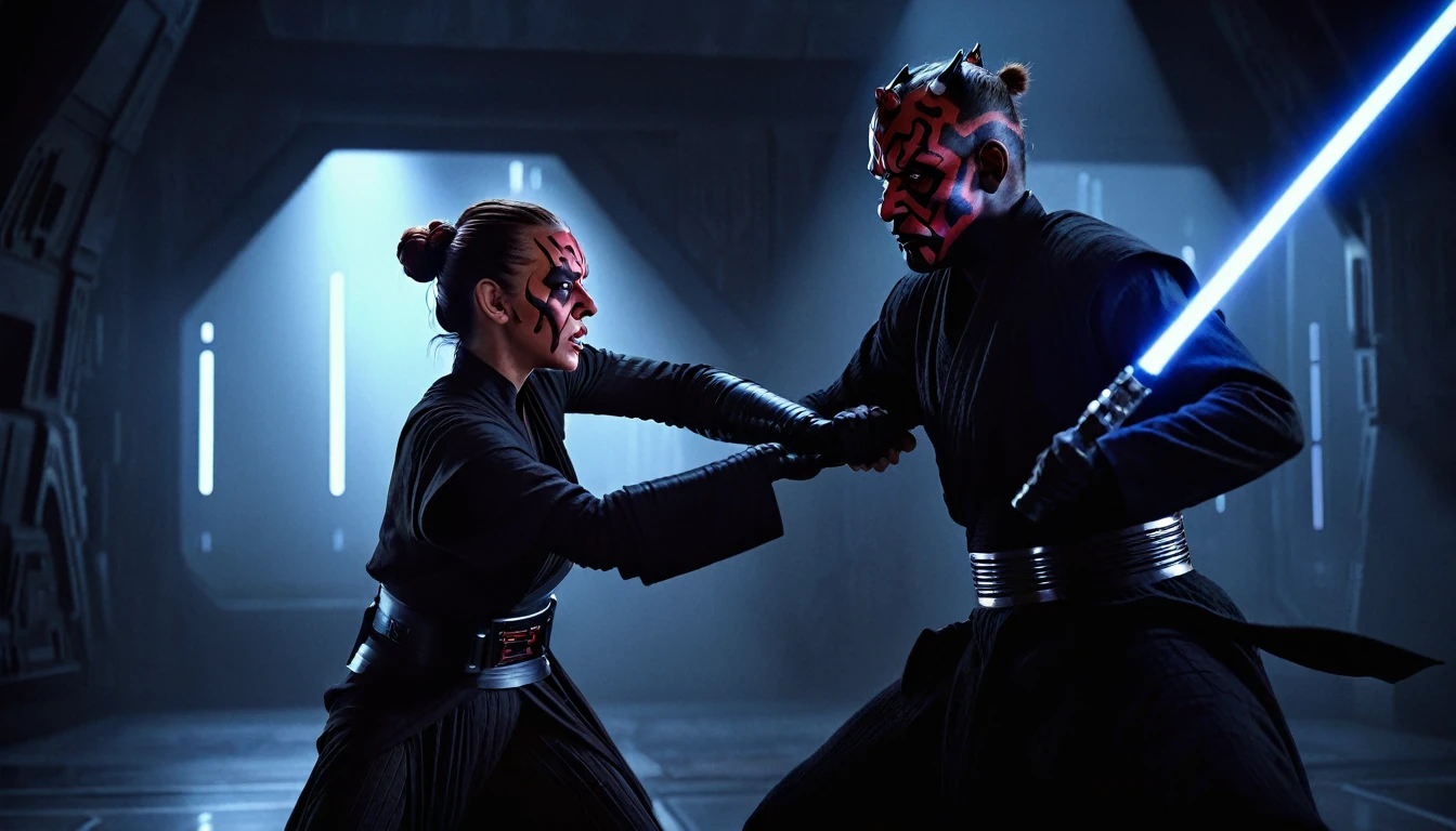 cinematic star wars, a dramatic fight scene between 1 person darth maul and 1 female jedi knight, epic sci-fi atmosphere, dark sci-fi, dramatic lighting, dramatic shadows, dynamic poses, realistic, highly detailed, 8k, photorealistic, masterpiece, cinematic, sci-fi, fantasy, dark, moody