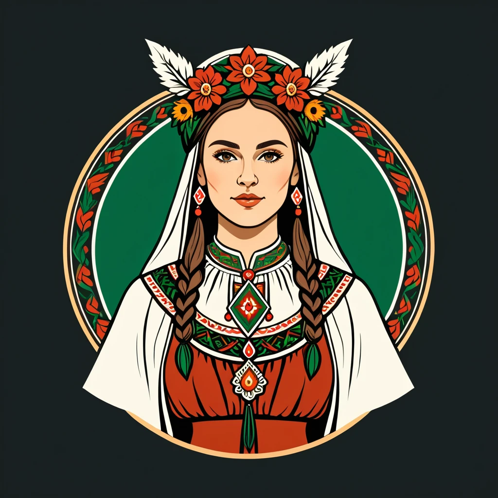 old female druid in hungarian folk outfit, vector graphics, strong contours, logo design
