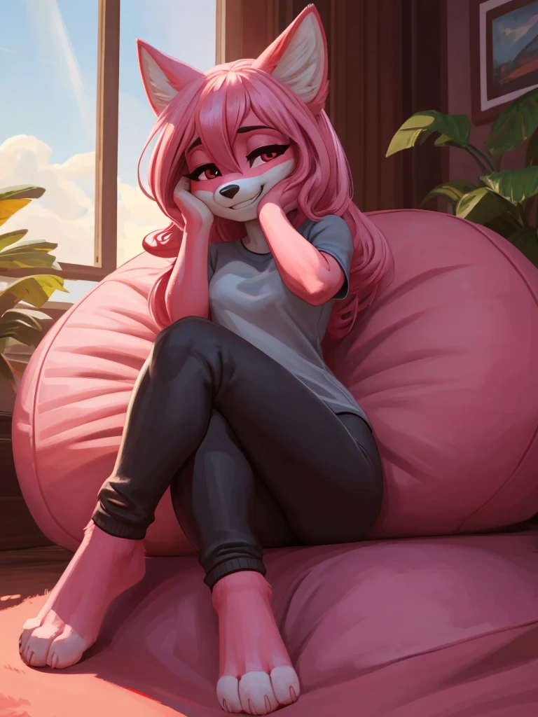 [nazuna hiwatashi], [Uploaded to e621.net; (Pixelsketcher), (wamudraws)], ((masterpiece)), ((HD)), ((high res)), ((solo portrait)), ((full body)), ((front view)), ((feet visible)), ((furry; anthro)), ((detailed fur)), ((detailed shading)), ((beautiful render art)), ((intricate details)),((tight and soft sleeping clothes)), {anthro fox girl; pink fur, black nose, (cute red eyes), (long eyelashes), (luffy pink tail), (long pink hair), (two toned hair), (hot-pink tips on hair), (sharp white nails), (curvy hips), (beautiful legs), (beautiful feet), (blushing), (cute grin), (playful expression)}, {(grey tee shirt), (black yoga pants), (pink leg warmers)}, {(sitting on beanbag), (head resting on hands), (hands on face), (crossed legs), (looking at viewer)}, [background; (living room), (window), (clouds in sky), (blue sky), (sun rays), (ambient lighting)]
