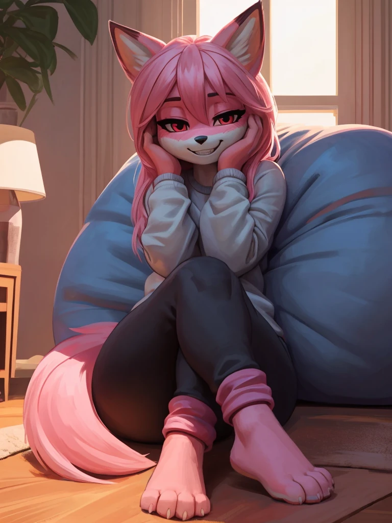 [nazuna hiwatashi], [Uploaded to e621.net; (Pixelsketcher), (wamudraws)], ((masterpiece)), ((HD)), ((high res)), ((solo portrait)), ((full body)), ((front view)), ((feet visible)), ((furry; anthro)), ((detailed fur)), ((detailed shading)), ((beautiful render art)), ((intricate details)),((tight and soft sleeping clothes)), {anthro fox girl; pink fur, black nose, (cute red eyes), (long eyelashes), (luffy pink tail), (long pink hair), (two toned hair), (hot-pink tips on hair), (sharp white nails), (curvy hips), (beautiful legs), (beautiful feet), (blushing), (cute grin), (playful expression)}, {(grey tee shirt), (black yoga pants), (pink leg warmers)}, {(sitting on beanbag), (head resting on hands), (hands on face), (crossed legs), (looking at viewer)}, [background; (living room), (window), (clouds in sky), (blue sky), (sun rays), (ambient lighting)]

